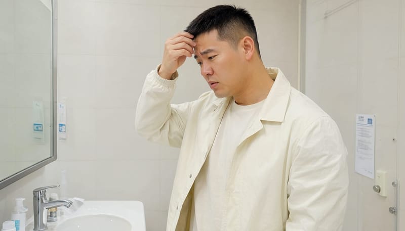 헤어라인 변화를 살피는 20대 남성